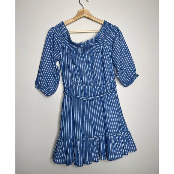 Tularosa Maida Ruffle Dress Blue White Stripe Off Shoulder Size Medium - Picture 7 of 7